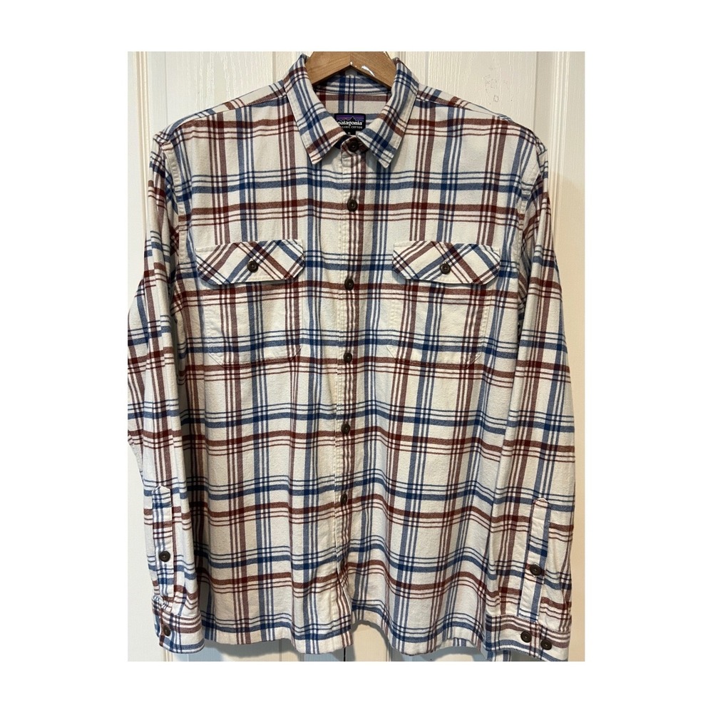 Patagonia Flannel Shirt Mens XL White Blue Red Plaid Organic Cotton Fjord A24